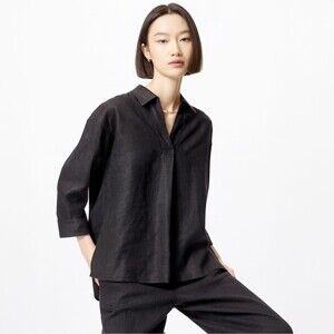 Uniqlo Shirt Womens XS Relaxed Black 100% Linen Skipper Collar Popover ¾ Sleeve